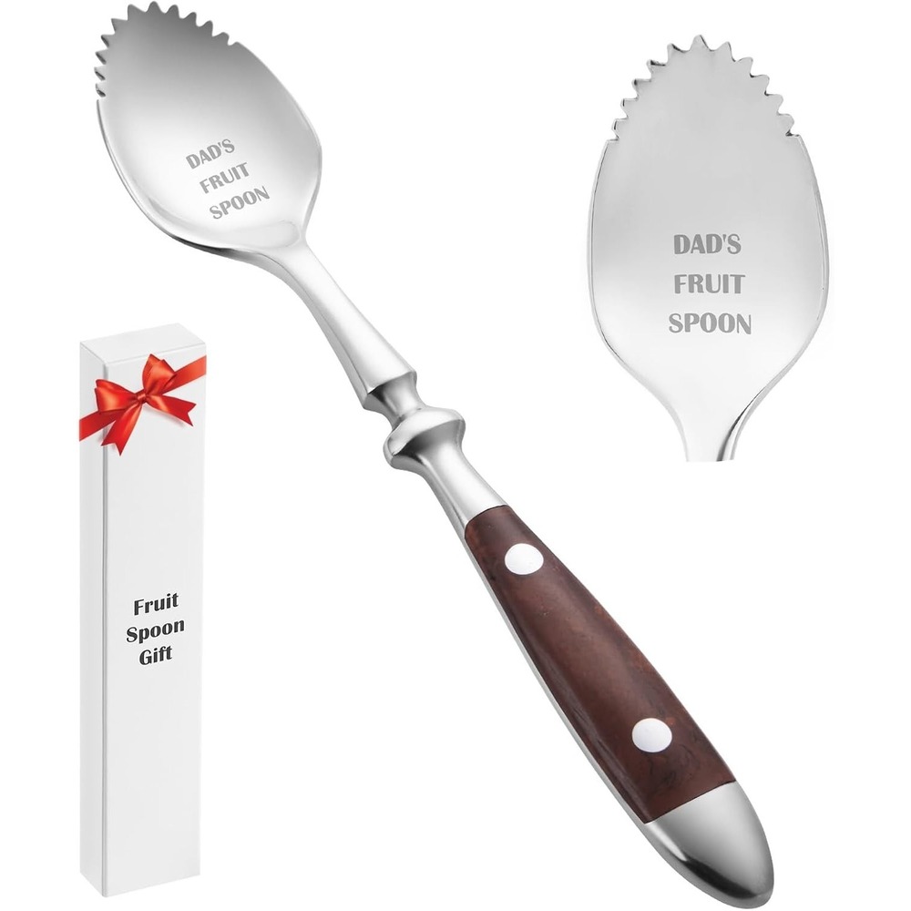 CherHome Dad's Fruit Spoon Serrated Grapefruit Spoon Stainless Steel Wood Grain